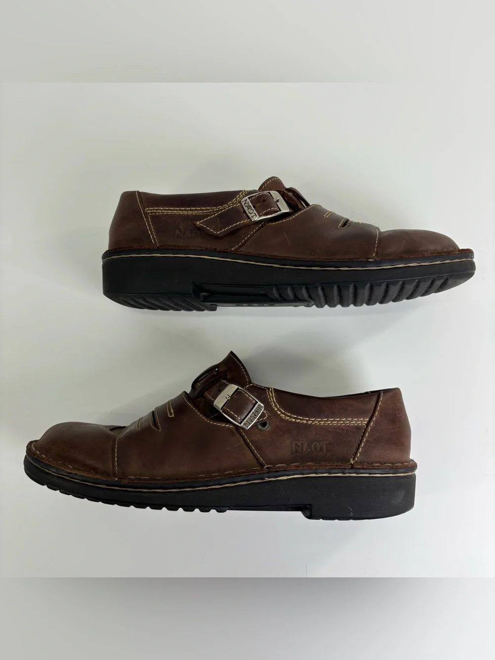 Naot brown leather comfort loafers 42 monk strap buckle chunky 90s grunge